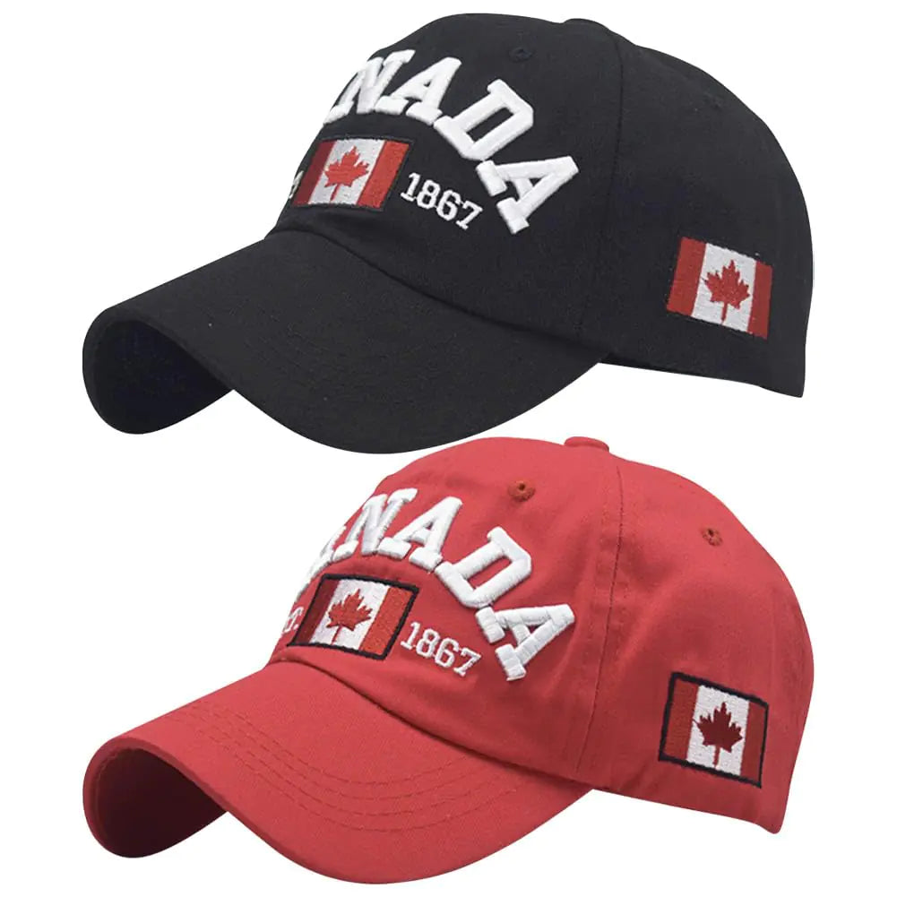 BAOZOON 2 Pcs Canada Baseball Caps Embroidered Maple Leaf Canada Baseball Hat Adjustable Canada Flag Golf Hat for Men Women(Black+Red)
