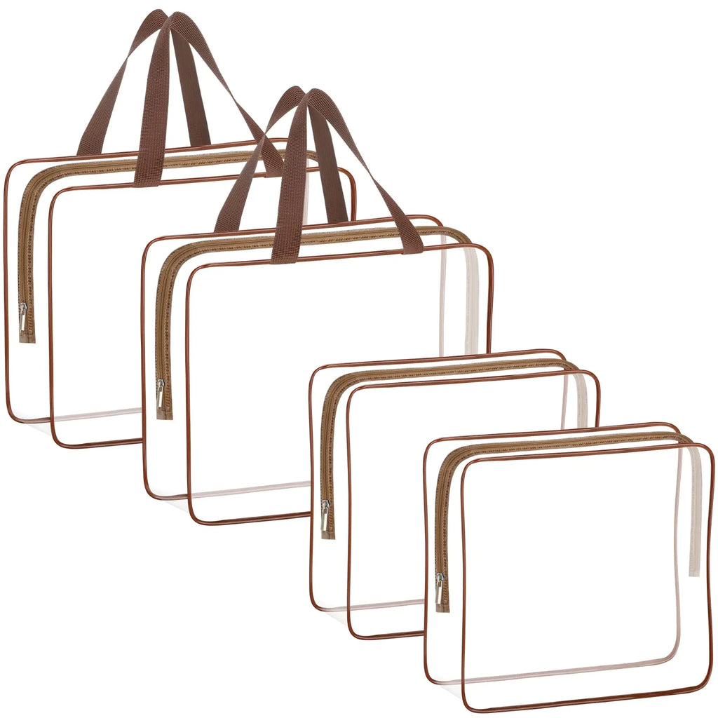 4 Pieces Clear Makeup Bags Large Clear Makeup Cosmetic Toiletry Bag Clear Plastic PVC Tote Bags with Zipper Handle Portable Travel Luggage Pouch Airport Airline Vacation Organization (Coffee)