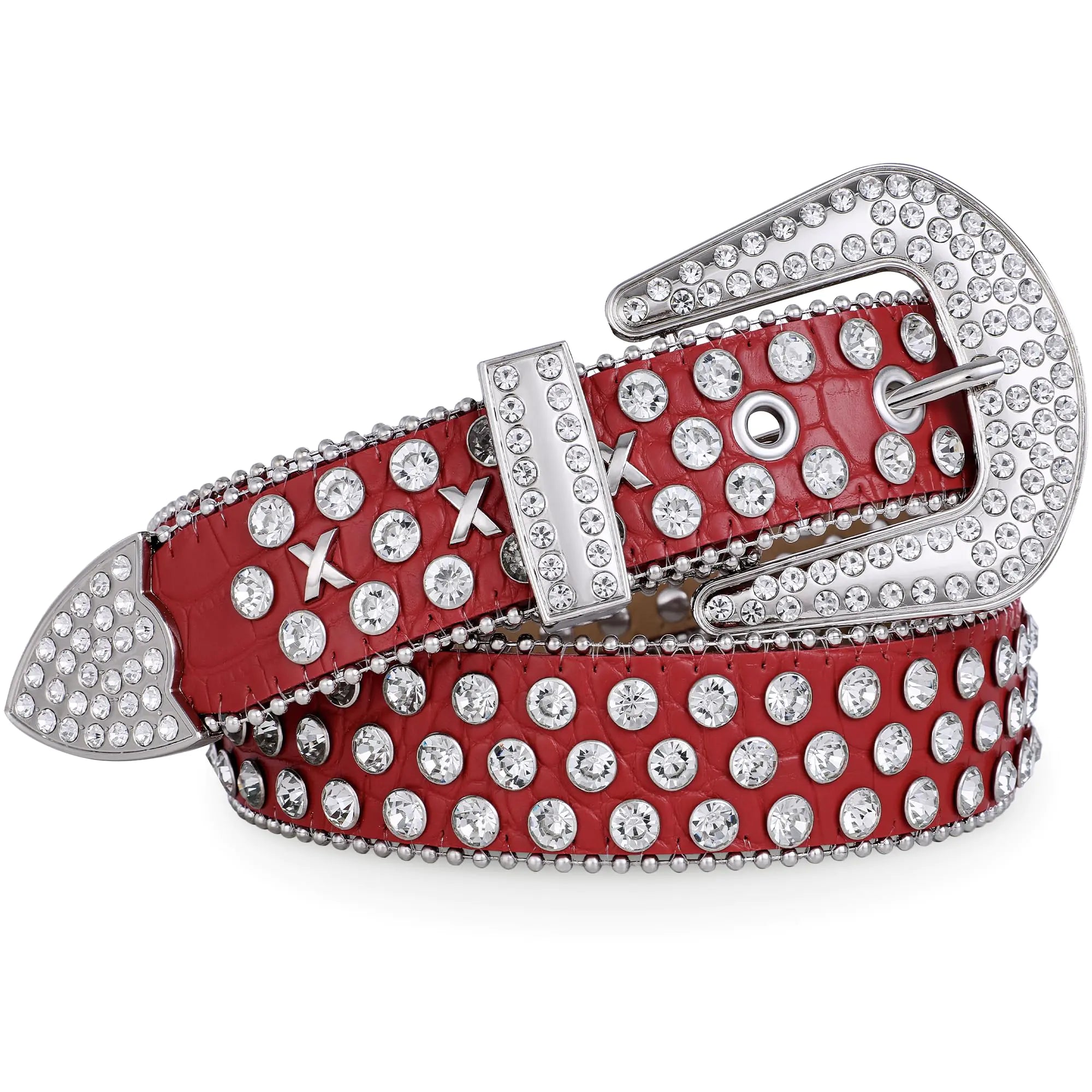 FIORETTO Men  Rhinestone Belt Western Studded Leather Belt Bling Shining Diamond Cowgirl Cowboy Waist Belt for Jeans Pants Red