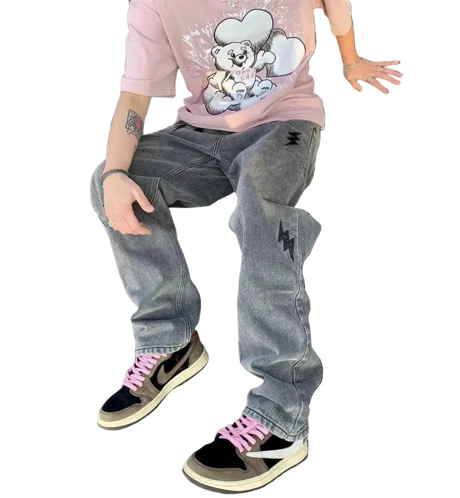 Lightning Embroidered Distressed Straight Jeans for Men